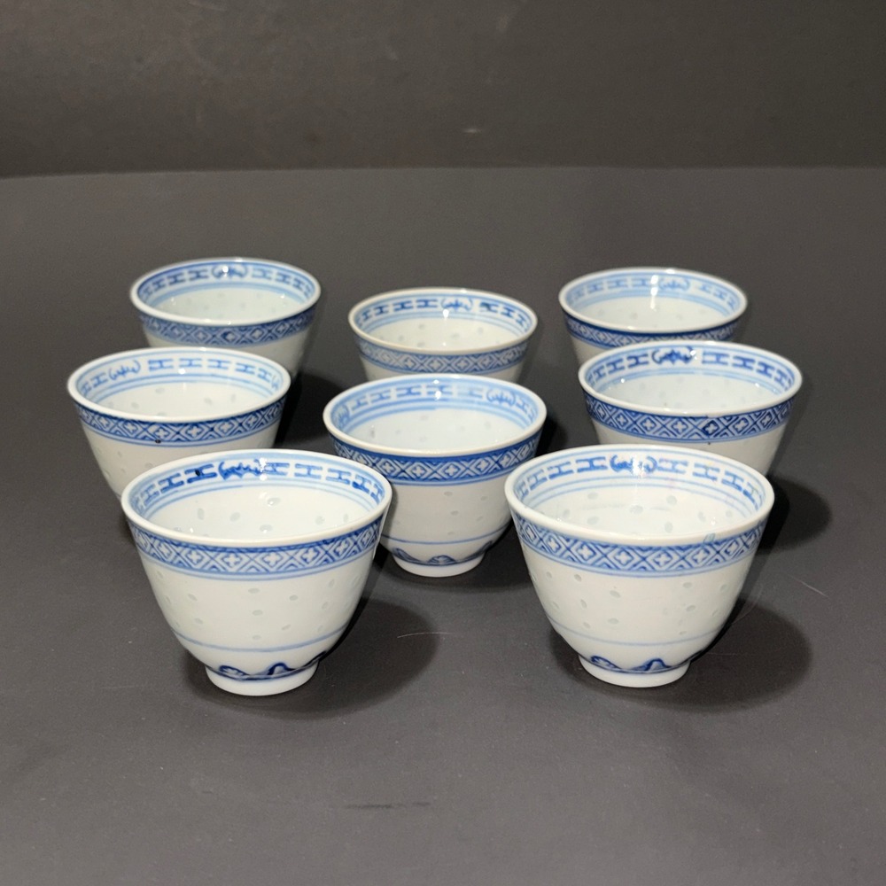 Set of 8 ~ Vintage JINGDEZHEN CHINA TEA CUPS Rice Blue White Dragon Porcelain